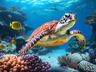 Fototapeta premium Large sea turtle swimming in the sea