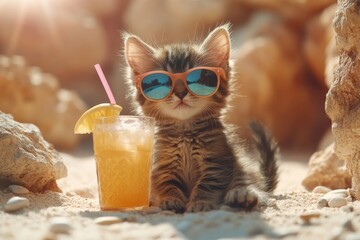 Cute kitten wearing sunglasses sits on the beach next to a refreshing drink with a slice of lemon during a sunny day