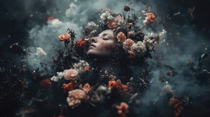 Woman Surrounded by Flowers and Smoke