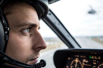  A dramatic close-up of a pilot wearing aviator glasses, with the sky reflected in the lenses, symbolizing adventure and determination.