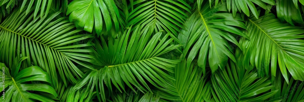 Poster vibrant green palm leaves overlapping create a rich, textured backdrop, capturing the lushness and t