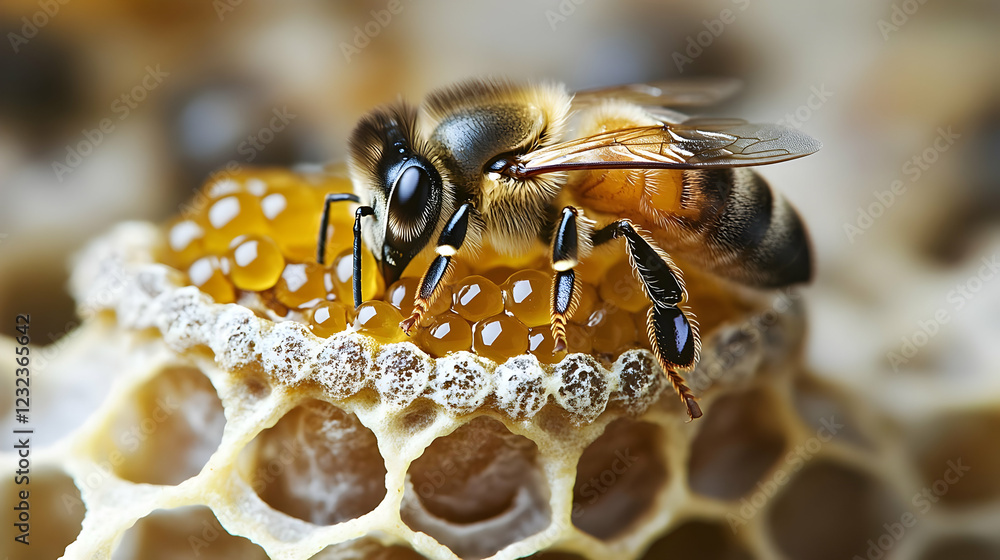 Poster honeybee tends to developing larvae in honeycomb cells inside a hive
