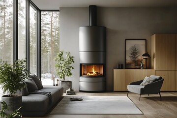 Poster decor and a gray fireplace anchor a bright living room brimming with personality  

