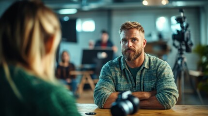 A thoughtful man engaged in an interview, showcasing focus and determination, with a dynamic background that highlights the gravity and importance of the moment.