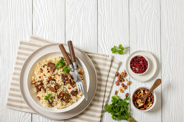 beef and rice in white bowl, top view