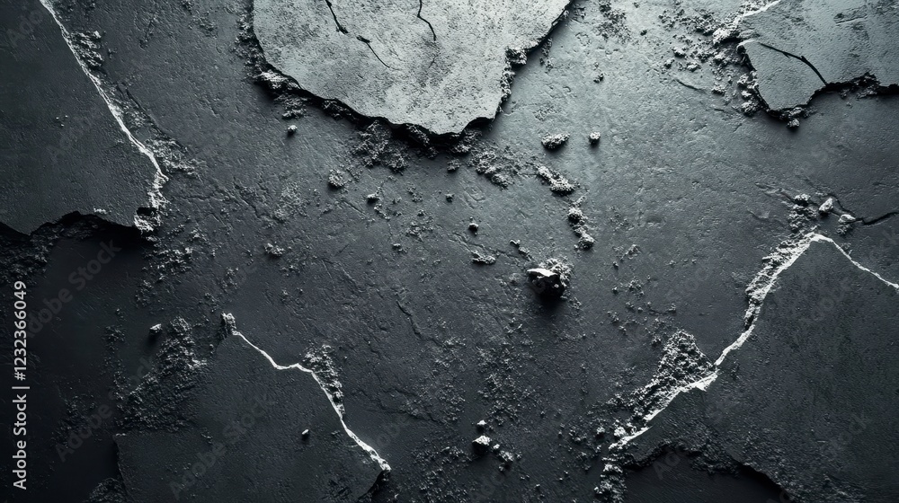 Poster abstract grayscale texture of cracked dark surface with subtle light reflections, creating a dramati