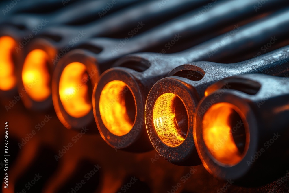 Poster close-up view of heated metal rods in a forging process within a workshop