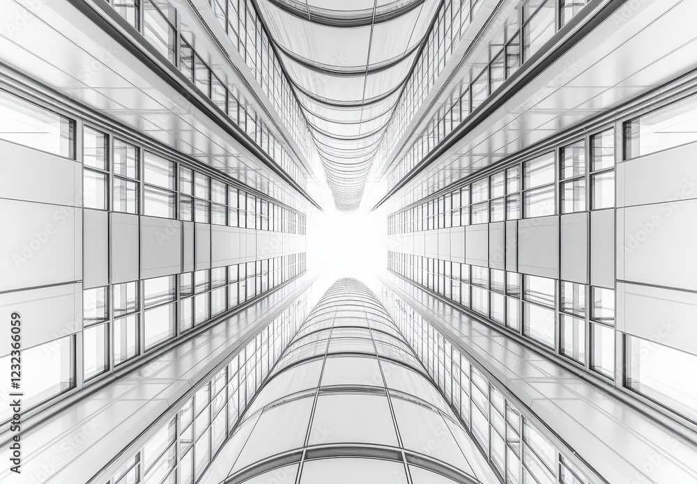 Poster abstract grayscale image depicting a building's interior from a low angle, showcasing a complex patt