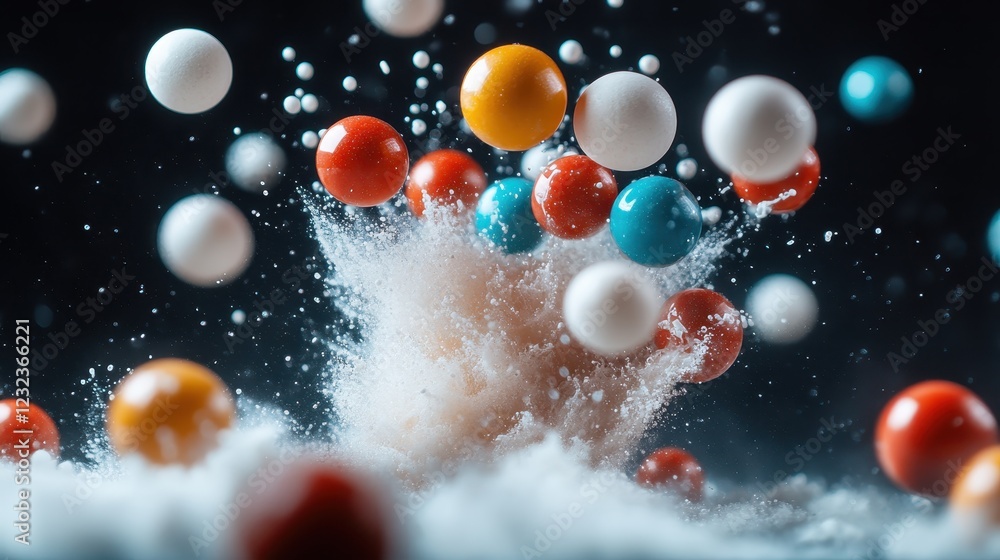 Poster this striking abstract image showcases a vivid burst of colorful balls and textures, creating a sens
