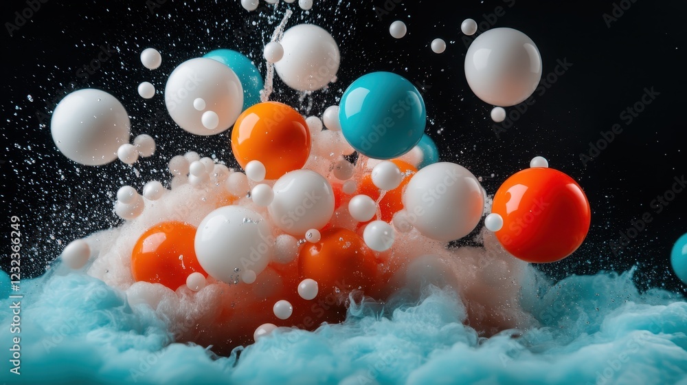 Poster an energetic abstract image depicting an explosion of colorful orbs and bubbles, evoking a sense of 