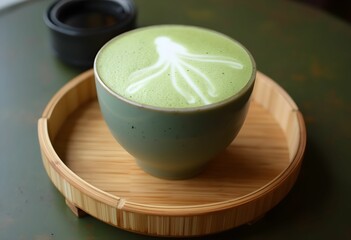 Delicate Foam Art on a Colorful Matcha Latte on Bamboo Tray