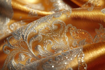 A close-up of a rich brocade fabric with intricate gold and silver thread work, illuminated by soft lighting