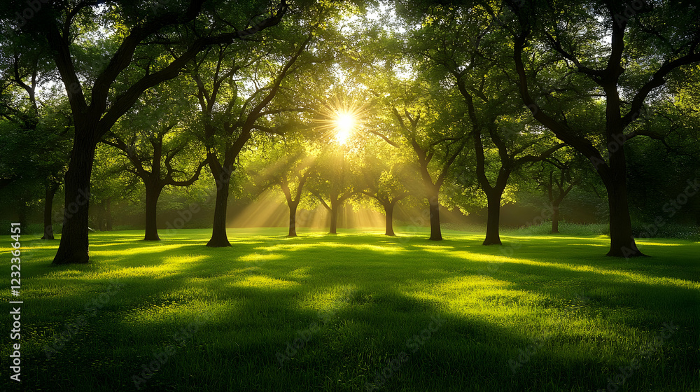 Poster sunlight streams through trees onto a grassy field in a serene forest.