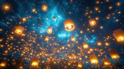 Obraz premium Numerous glowing sky lanterns ascend into a night sky