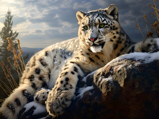 Obraz premium A big white snow leopard lying on a rock outdoors 