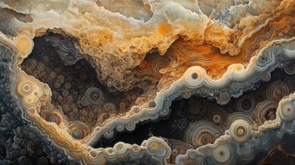 Obraz premium Abstract biomechanical organic structure with flowing natural colors and intricate agate cluster elements, combining futuristic and organic aesthetics in a surreal composition.