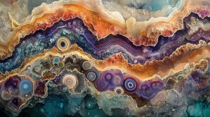 Obraz premium Abstract biomechanical organic structure with flowing natural colors and intricate agate cluster elements, combining futuristic and organic aesthetics in a surreal composition.