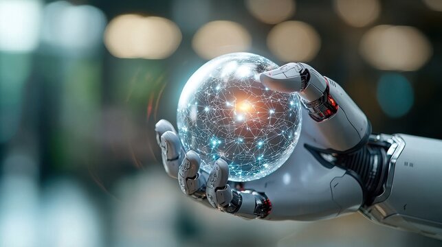 A robotic arm extending outwards projecting a holographic globe of the world with vibrant neon like illumination and digital interface elements showcasing a futuristic concept of technology science