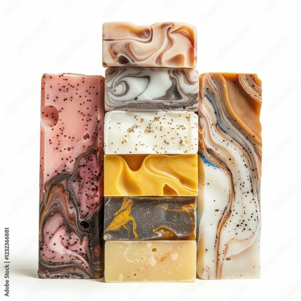 Poster variety of colorful, fragrant, and moisturizing handmade soap bars stacked, creating a visually appe