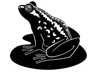 Frog sits on lotus leaf - vector silhouette picture for logo or pictogram. Toad, amphibious animal - sign or icon	