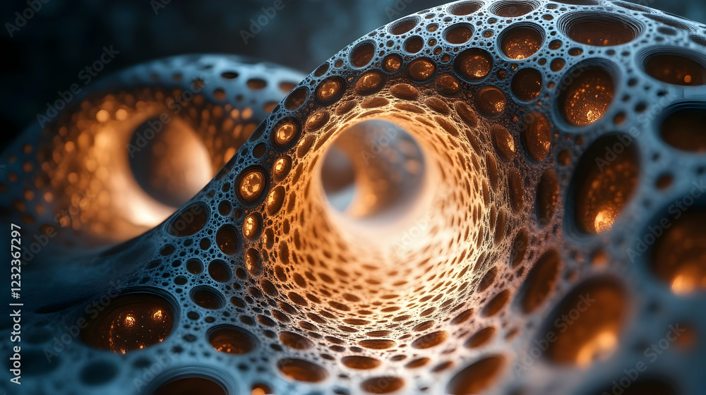 Poster abstract 3d render of a porous organic structure with internal illumination