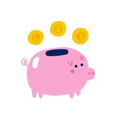 Money, finance, payment sign, icon, composition. Cute hand drawn doodle market, earning, deposit, currency, payment illustration with piggy bank, coins. Financial business background