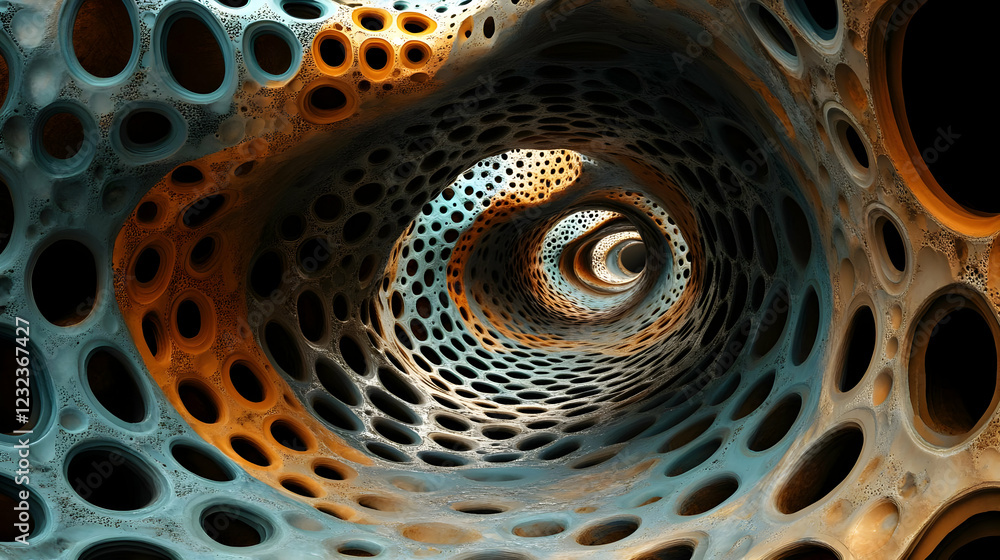 Aufkleber abstract 3d render of a twisting porous tunnel spiraling into darkness with intricate detail