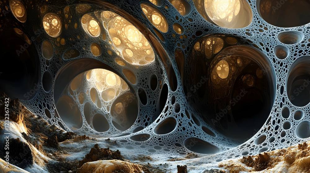 Poster abstract 3d illustration of an alien cave system with intricate structures and warm lighting