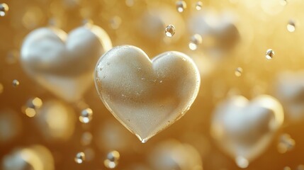 Fototapeta premium Golden Heart Balloons Floating in Air with Sparkling Bokeh Background for Romantic and Festive Occasions