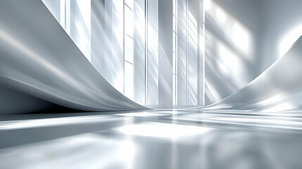 Obraz premium Abstract 3D illustration of flowing fabric in a bright room with tall windows, elegantly illuminating the space.