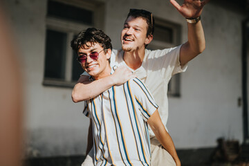 Two cheerful friends enjoying a sunny day outside, smiling and embracing while having fun together. A perfect moment of friendship and happiness captured in the summer light.