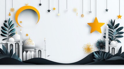 Paper Cutout Mosque with Stars and Crescent Moon