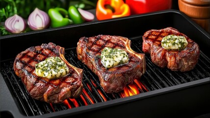 Naklejka premium Grilled steak ribeye marinated concept. Juicy grilled steaks topped with herb butter, surrounded by fresh vegetables, showcasing a delicious barbecue scene.