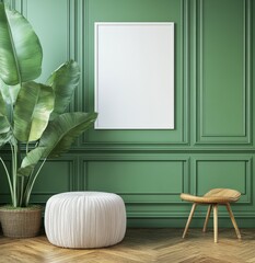 Green wall with frame mockup, plant, pouf, and wooden stool.