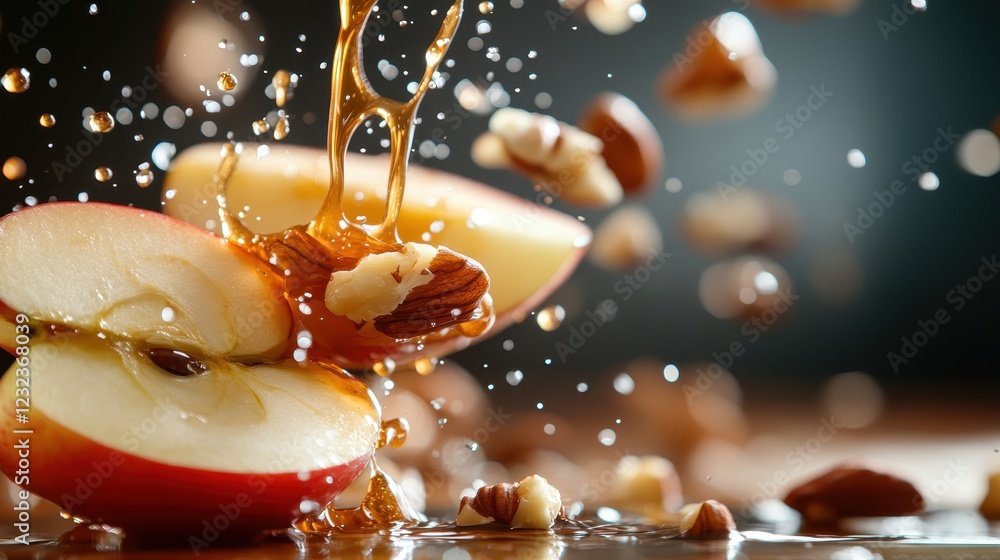 Poster an artistic depiction of sliced apples drizzled with caramel and surrounded by nuts, creating a dyna