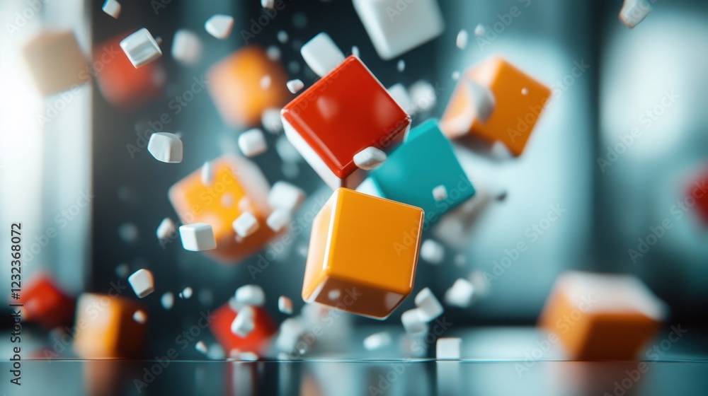 Poster an exciting display of vibrant cubes floating through the air, showcasing a playful arrangement that