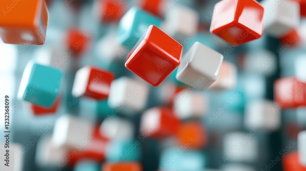 Poster an energetic scene filled with colorful cubes floating together, creating a vibrant and dynamic imag