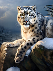 Obraz premium A big white snow leopard lying on a rock outdoors 