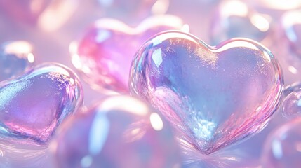 Fototapeta premium Shimmering Glass Heart Ornaments with Soft Pastel Colors and Dreamy Light Reflections