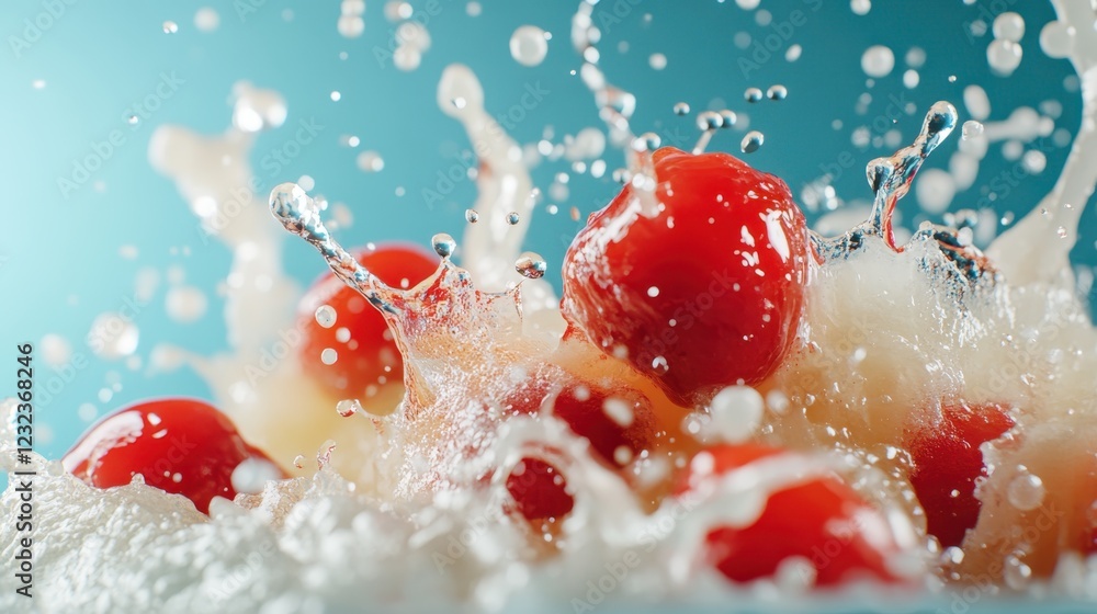Poster this artistic image features cherries creating a stunning splash in water, emphasizing motion and th