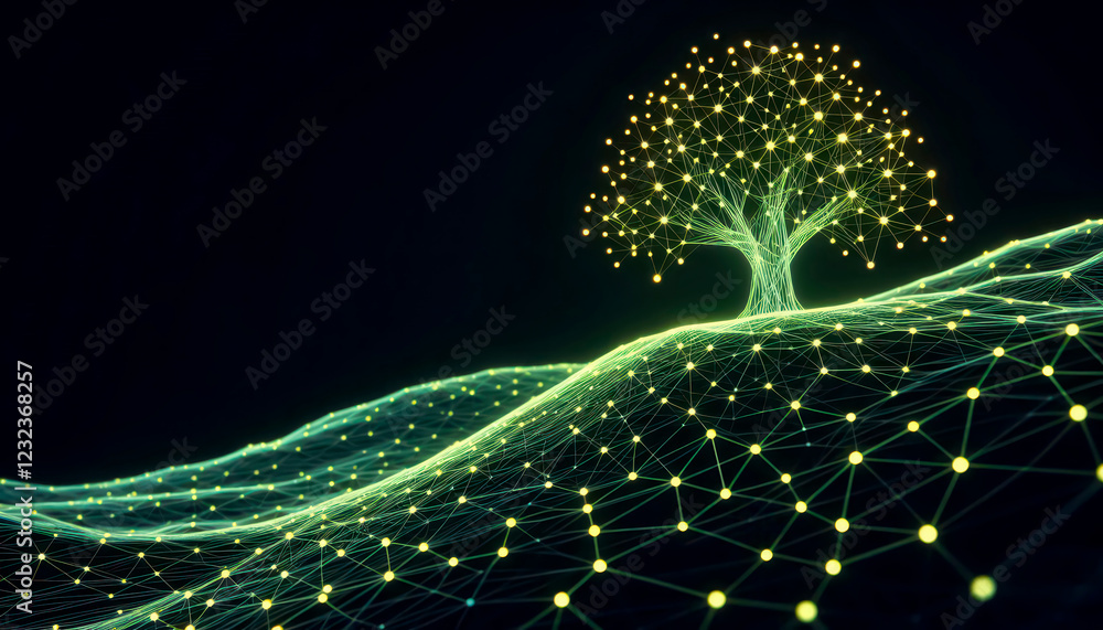 Aufkleber sci-fi inspired glowing network forming a tree-like structure on an uneven landscape, neon chartreus