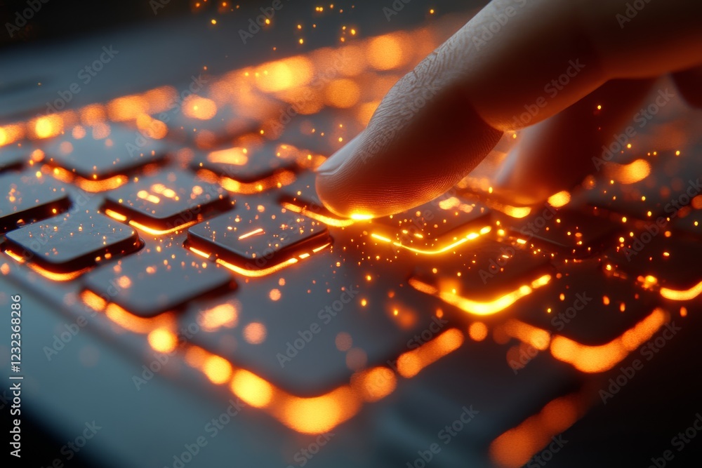 Poster user interacts with glowing keyboard in a dimly lit environment showcasing digital creativity and en