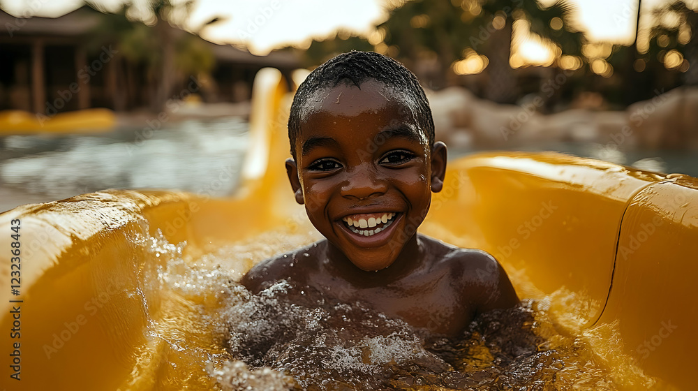 Poster smiling child slides down yellow waterslide with joyful expression at water park