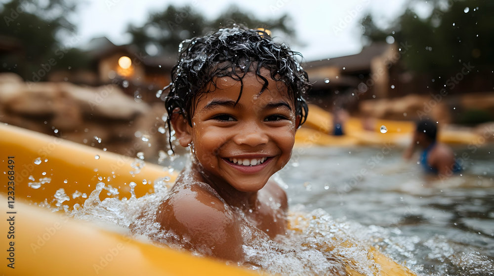 Poster smiling child enjoys waterpark fun, splashing down a yellow slide into refreshing pool on a summer d