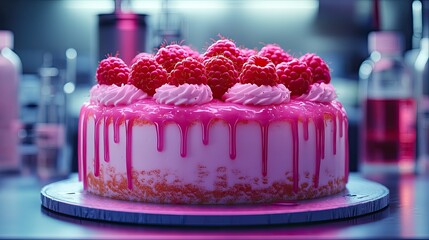 A delicious pink cake with raspberry topping and a pink glaze, dripping down the sides.