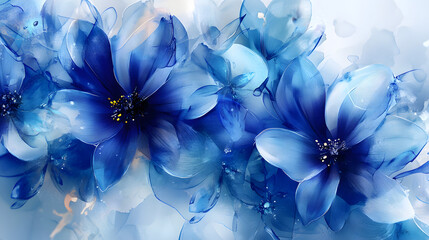Translucent blue flowers with dark centers are depicted in a watercolor-like style with soft, blended edges.