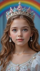 Fototapeta premium 4k high quality Ai generative HD high definition portrait of a little girl with a crown on a rainbow