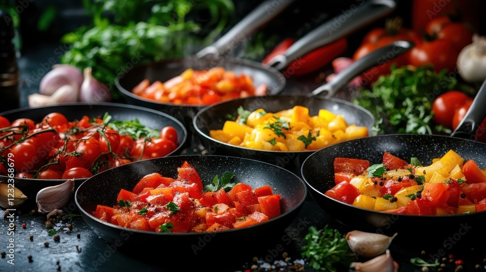 Poster a stunning array of assorted vegetables displayed in black cookware, showcasing fresh tomatoes and p