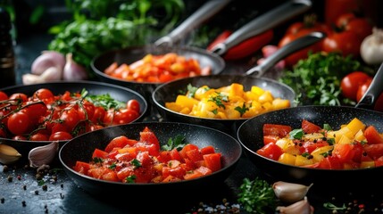 A stunning array of assorted vegetables displayed in black cookware, showcasing fresh tomatoes and peppers, perfect for illustrating culinary creativity and healthy eating.