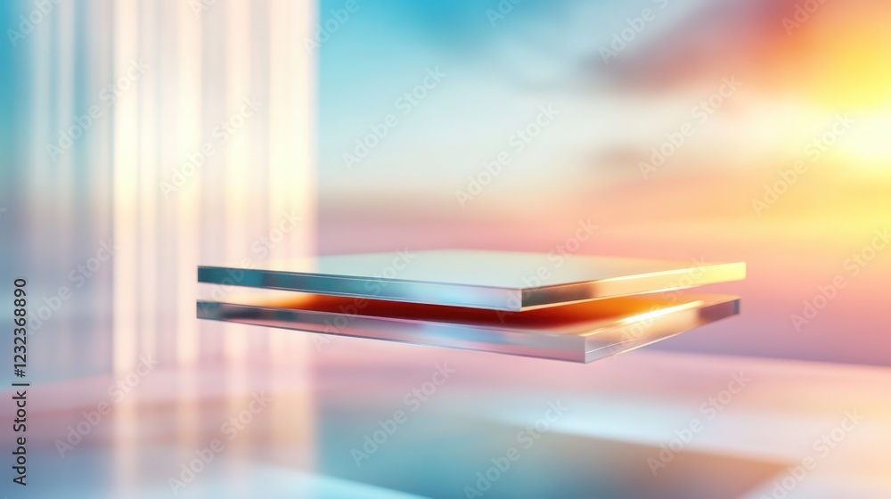 Poster a surreal image of abstract metallic layers floating above a dreamy sunset backdrop, merging the lin